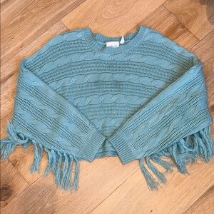Buckle Willow & Root Cable Knit Sweater with Fringe - Teal